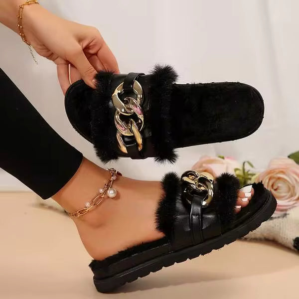 Women's Metallic Chain Sandals - Fluffy & Open Toe For Winter Wear