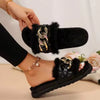 Women's Metallic Chain Sandals - Fluffy & Open Toe For Winter Wear