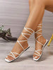 Women's Tie-Up Square Toe Woven Casual Flat Sandals,Spring Summer Outfits