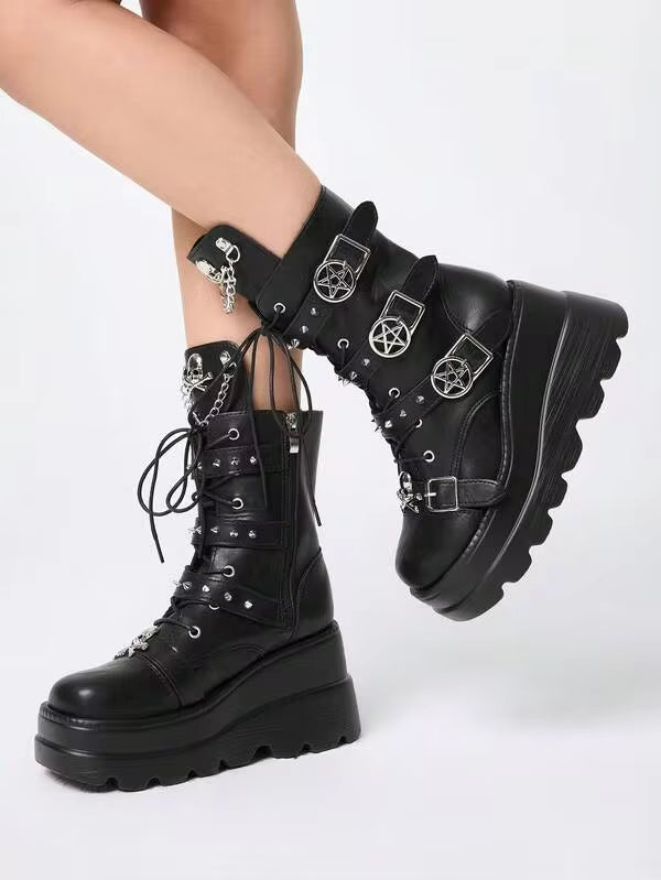 ROMWE Grunge Punk Women Heeled Sandals Punk Style Dark PU Riveted Platform Riding Boots Women Small Height Goth Metal Handsome Locomotive Boots Babes Fried Street Small Boots